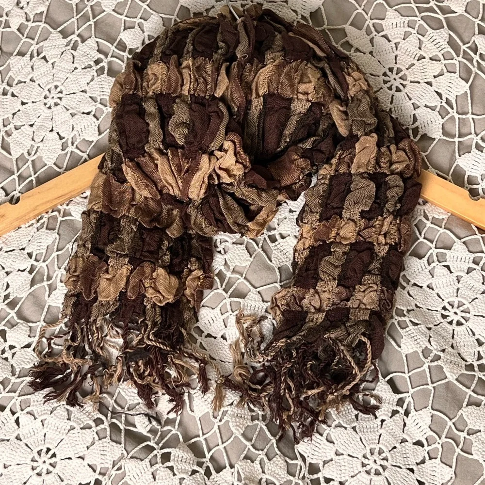 Brown checkered crinkle fringe scarf wrap